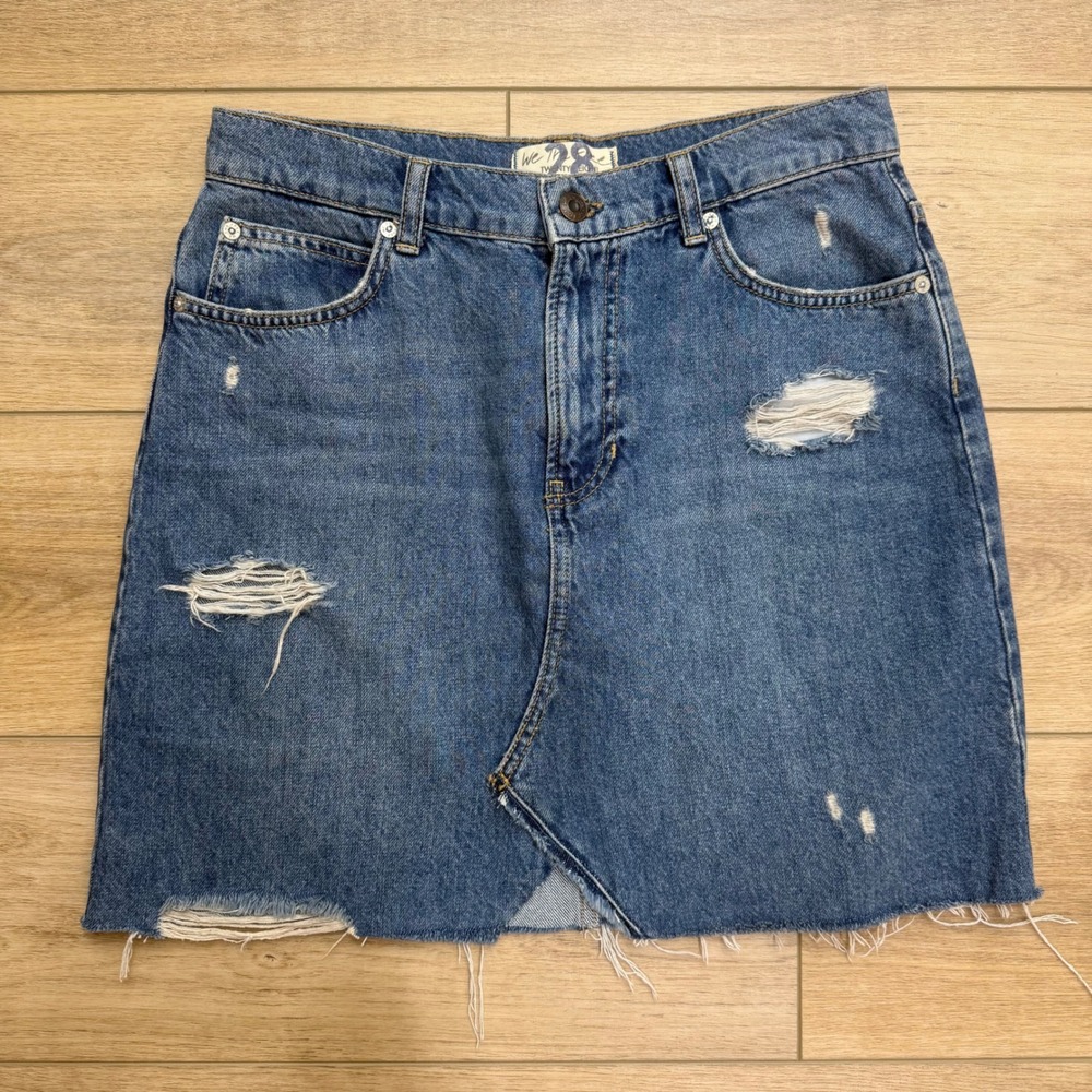 We The Free Free People Distressed Denim Mini Skirt Medium Wash Size 28 Read